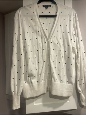 Foxcroft White Cardigan with Navy Polka Dots